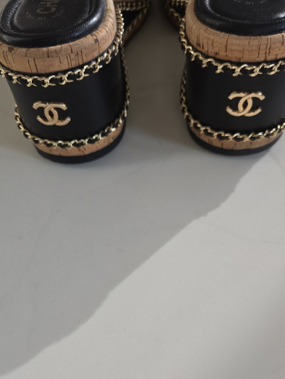 CHANEL Black Braided Leather Slide Mules with Gold Chain Trim - Picture 3 of 9